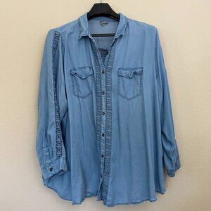 Avenue 30 32 Top Chambray Plus Size Blue Crochet Detail Long Sleeve Button Front